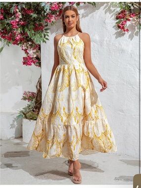 Halter White Maxi Dress with Yellow Scroll Print